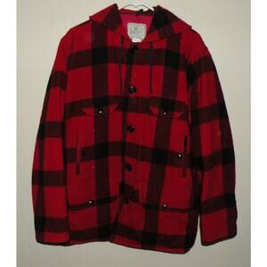 Vtg Johnson Woolen Mills Men’s 44 Wool Hunting Coat Red Black Buffalo Plaid USA